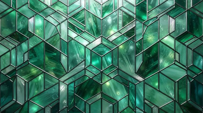 Abstract stained glass texture featuring a repeating geometric pattern of emerald green glass cubes and shards with dark lead lines and light