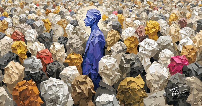 A solitary figure in a crowd of stylized people