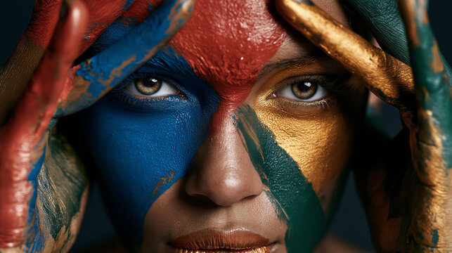 Close-up portrait of woman with vibrant tribal face paint and colorful fabric headdress