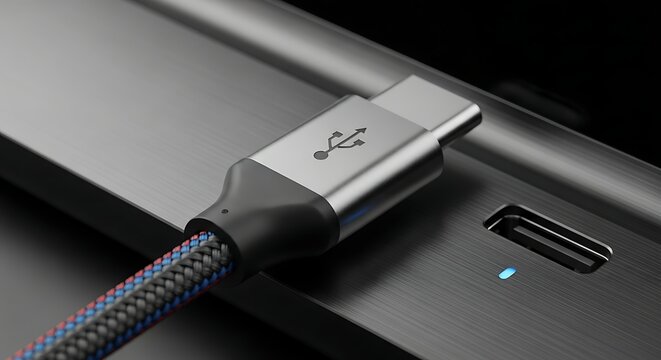 Close Up Usb Cable Plug Connected to Metallic Port