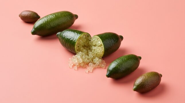 Fresh finger limes cut open revealing vibrant citrus caviar on pink background for gourmet dishes