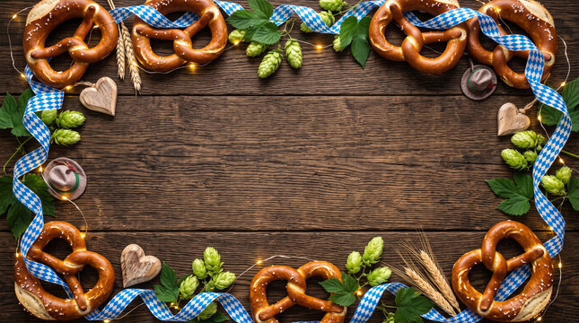 Oktoberfest background with pretzels, hops, and blue ribbon on wood