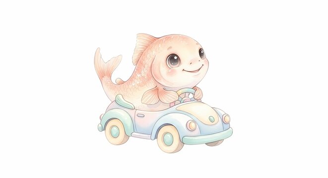 Cute baby fish driving a pastel toy car watercolor illustration isolated on white background