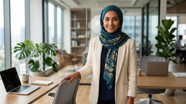 Smiling Muslim businesswoman in hijab and beige blazer in modern office with plants and bookshelves.