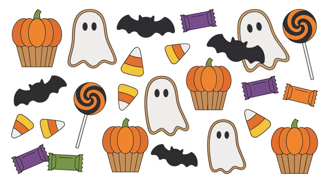 Halloween party elements featuring colorful balloons, pumpkins, ghosts, bats, and candy