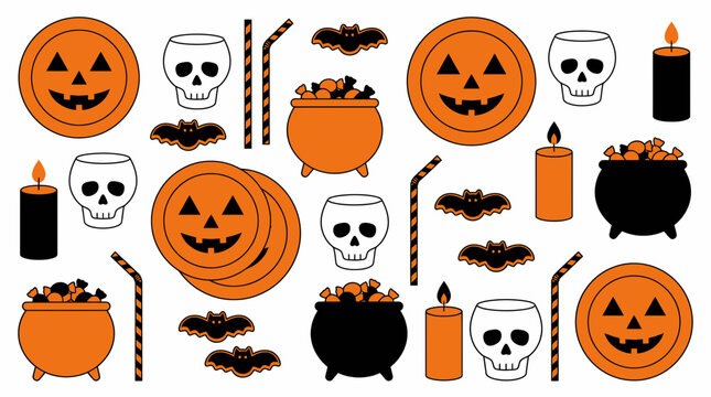 Halloween party elements collection featuring carved pumpkin plates, scary skulls, flying bats, candy cauldrons, striped straws, and burning candles in orange and black style