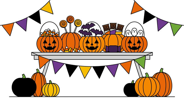 Cheerful Halloween Party Setup with Carved Pumpkins, Assorted Treats, and Festive Banners for Spooky Celebrations