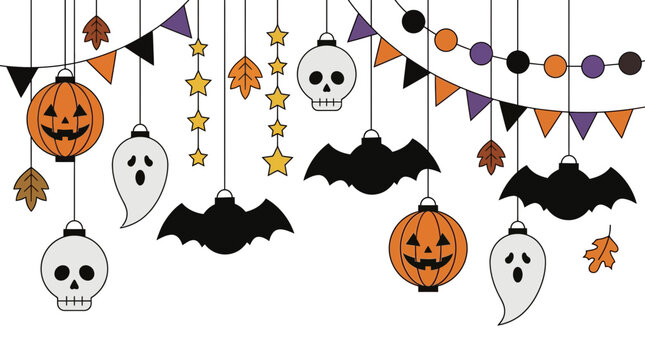 Festive Halloween decorations with pumpkin faces, ghosts, bats, and spooky garlands perfect for party themes and seasonal celebrations