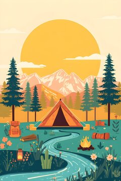 Scenic Summer Camping Background with Campfire Tent and Mountain Forest