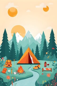 Colorful Summer Camping Background with Tent Campfire Forest and Mountains