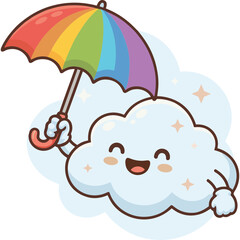 Fototapeta premium Cute Happy Cartoon Cloud Holding a Colorful Rainbow Umbrella on a White Background