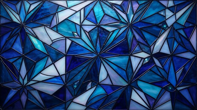 Deep blue and cyan stained glass mosaic featuring geometric triangular shards and translucent textures with dark lead line grid pattern