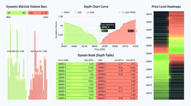 Real-time financial market dashboard with dynamic bid-ask volumes, depth charts, and price heatmaps, offering comprehensive analysis for strategic trading decision support