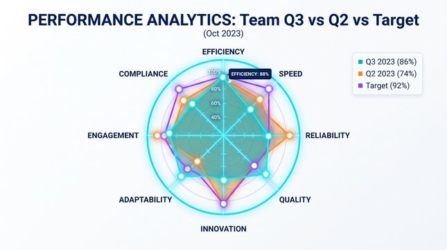 Radar chart displaying business performance metrics comparison across different quarters and targets with colorful spider web graph