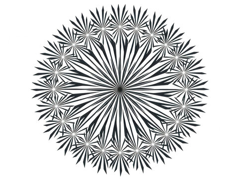 Un motif g&eacute;om&eacute;trique circulaire complexe compos&eacute; de lignes rayonnantes noires sur un fond blanc pur, cr&eacute;ant un effet visuel hypnotique et sym&eacute;trique de style mandala abstrait.