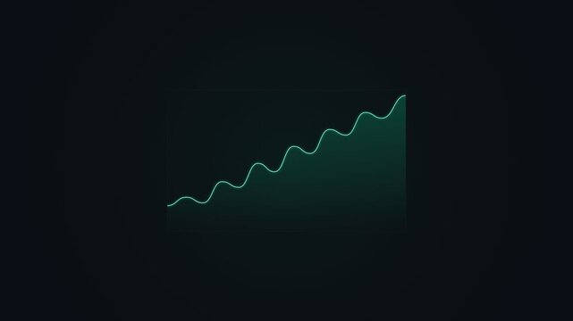 Clean 4K textless animated multi-series stacked area revenue chart featuring three color-graded layers in emerald green, electric teal, and royal violet with continuous telemetry wave modulation, clip