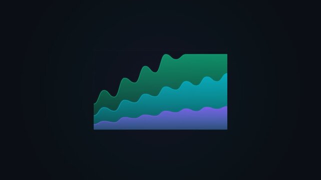 Clean 4K textless animated multi-series stacked area revenue chart featuring three color-graded layers in emerald green, electric teal, and royal violet with continuous telemetry wave modulation, clip