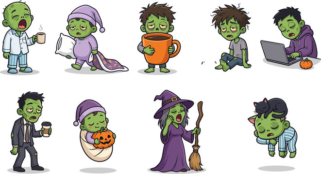 Cute Sleepy Zombie Character Collection Halloween Cartoon Set in Transparent Background