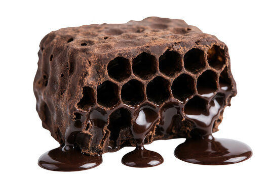 Un morceau de rayon de miel naturel recouvert de chocolat noir fondant et onctueux, isol&eacute; sur un fond blanc pur pour une pr&eacute;sentation culinaire gourmande et &eacute;l&eacute;gante.