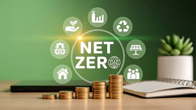 Net zero emissions concept with stacked coins and sustainable business icons on green background