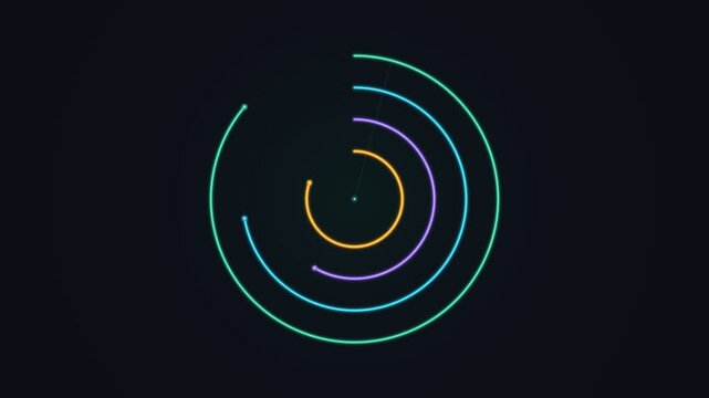 Clean 4K textless animated circular step progress segment chart featuring four concentric color-graded arc rings in emerald, cyan, violet, and amber, rotating telemetry laser sweep beam, glowing tip m