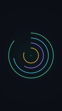 Clean 4K textless animated circular step progress segment chart featuring four concentric color-graded arc rings in emerald, cyan, violet, and amber, rotating telemetry laser sweep beam, glowing tip m