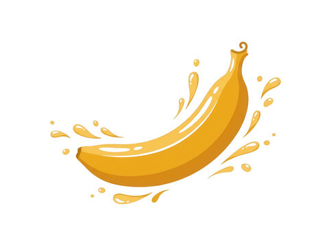 Illustration vectorielle d'une banane jaune m&ucirc;re entour&eacute;e d'&eacute;claboussures de jus ou de nectar, isol&eacute;e sur un fond blanc pur, id&eacute;ale pour des designs culinaires ou publicitaires.