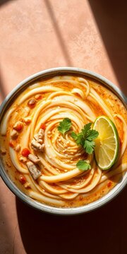 Dreamy Khao Soi Yuan Naan swirl, pastel whispers of spice, pork, herbs, lime, sesame perfection,  asian cuisine,  sour