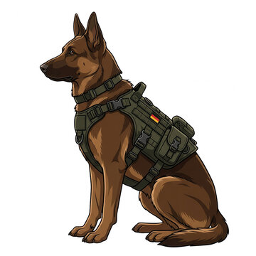 Illustration d'un chien berger allemand de travail portant un harnais tactique militaire avec des poches et un drapeau allemand sur un fond blanc isol&eacute;
