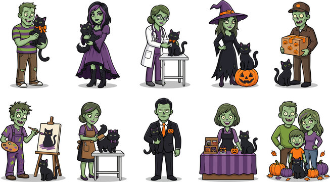 Halloween Zombie Characters with Black Cats Commercial Illustration Collection in Transparent Background