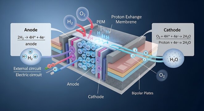 Educational Diagram of Proton Exchange Membrane Fuel Cell Cross Section in Blue Tones