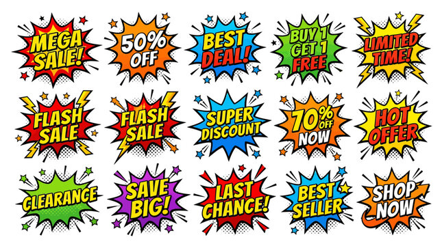 Set of colorful comic book style sale speech bubbles with promotional text.