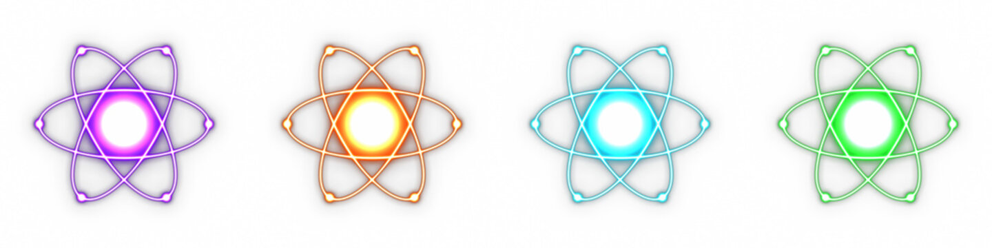 Set of four colorful glowing atom icons with orbital rings representing science physics and atomic energy research