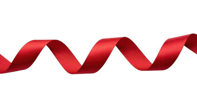 Shiny red silk ribbon curling on a flat surface isolated on transparent background