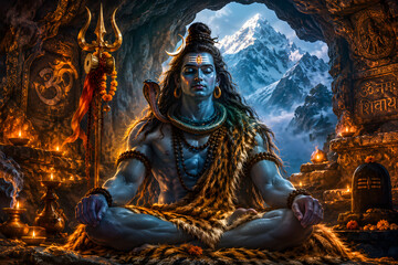 Fototapeta premium Lord Shiva sitting in deep meditation amidst snow covered Himalayan mountains digital art concept