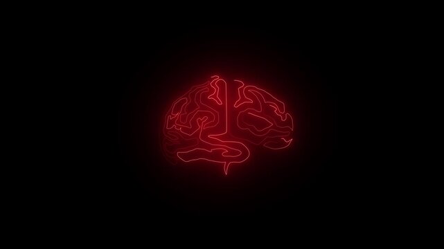 Computer generated icon of the human brain with neon light running through the meanders. 3d rendering