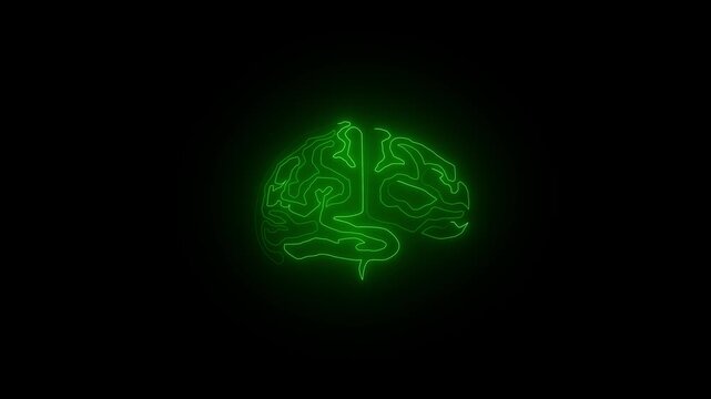Computer generated icon of the human brain with neon light running through the meanders. 3d rendering