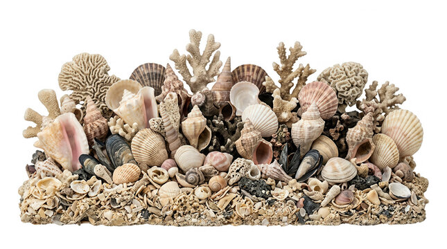 Une composition artistique de divers coquillages marins et morceaux de corail naturel dispos&eacute;s sur un socle sablonneux, isol&eacute;e sur un fond blanc pur pour une utilisation polyvalente.