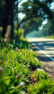 Emerald blur of roadside flora bordering an empty asphalt artery, light-dappled and timeless,  flora,  summer