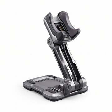Industrial barcode scanner cradle, rugged charging dock station for mobile computer, metallic handheld device mount on white background