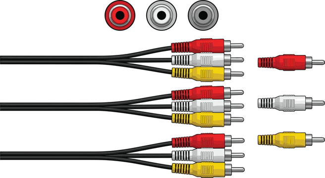 RCA audio video cable connectors and jacks vector illustration set with red white yellow plugs