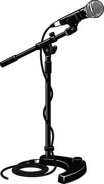 Black and white microphone on a stand with cable vector illustration for music design