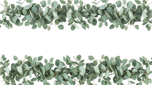 Guirlande de branches d'eucalyptus vert tendre isol&eacute;e sur fond blanc avec un espace de copie central pour le design, la papeterie de mariage ou les invitations &eacute;l&eacute;gantes.