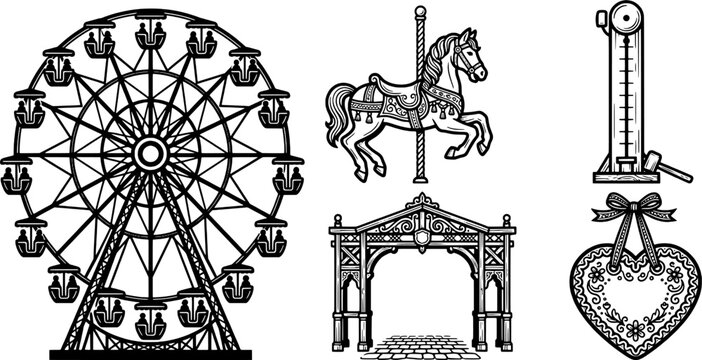 Isolated Oktoberfest Ferris Wheel Carousel Fairground Vector Icon Set
