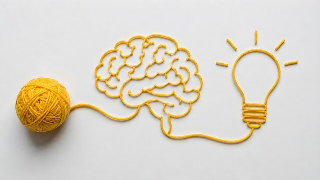 Yellow yarn forming a brain shape and lightbulb connected to a yarn ball. Concept of creative thinking process and complex problem solving.