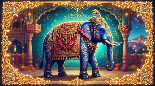 Decorated royal blue elephant adorned with gold ornaments and vibrant floral patterns standing in an ornate indian palace with glowing lanterns and festive decorations