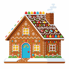 Fototapeta premium Flat design colorful gingerbread house decorated with sweet candy and white icing for Christmas holiday celebration