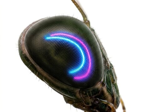 Macro shot of iridescent compound insect eye with brilliant blue reflections