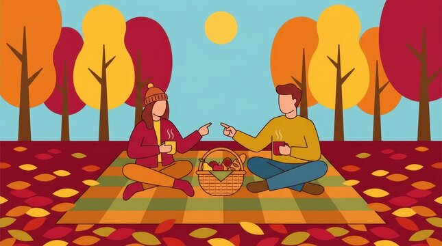 Cute Couple Having a Cozy Autumn Picnic Under Colorful Trees-(Pasangan Lucu Piknik Musim Gugur yang Nyaman di Bawah Pohon Penuh Warna)