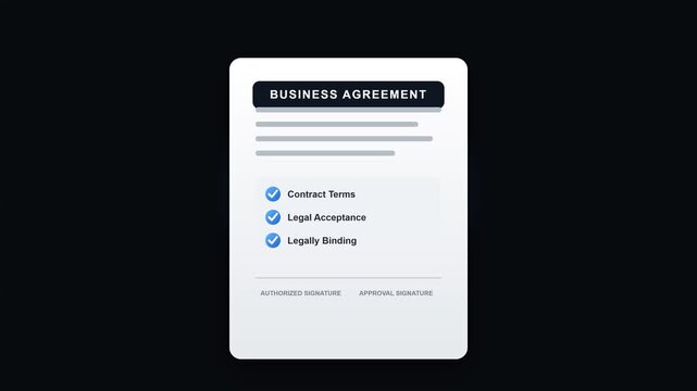 Digital business agreement document with checkboxes for contract terms, legal acceptance, and legally binding animation